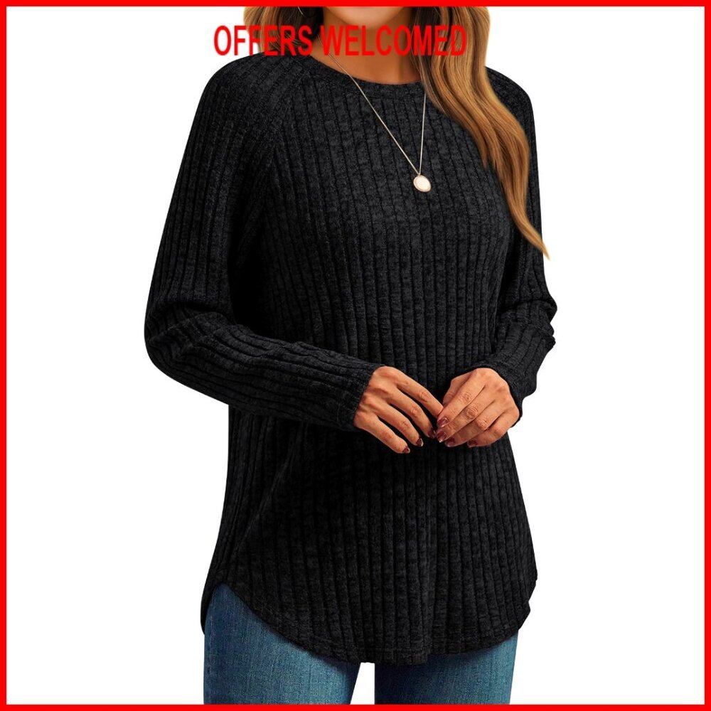 Long Sleeve Tunic Top with Crew Neck and Side Splits